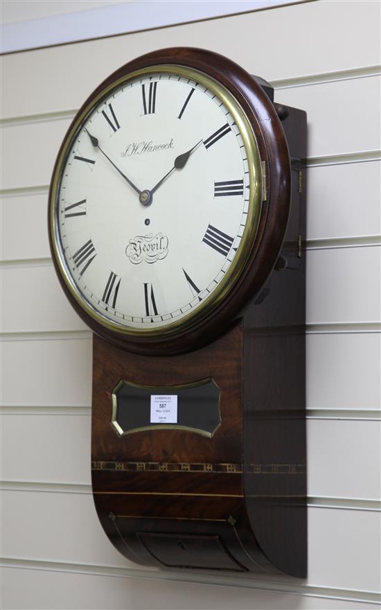 A Regency inlaid mahogany drop dial wall timepiece, 25in.